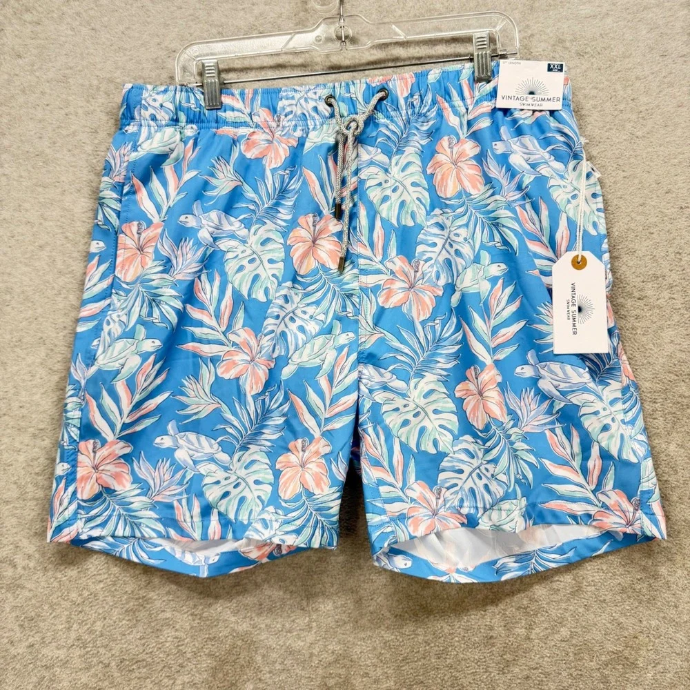 Vintage Summer Swim Trunks Men XXL Blue Tropical Turtle Floral Volley Shorts NEW
